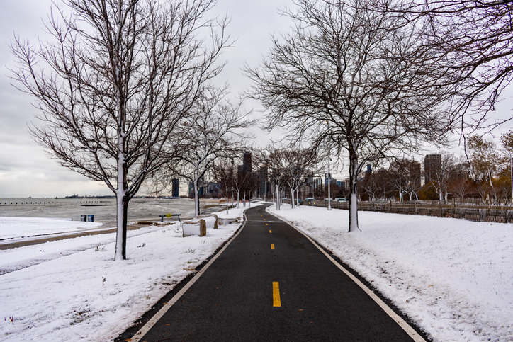 An empty Chicago bike path on a wintery and cloudy day