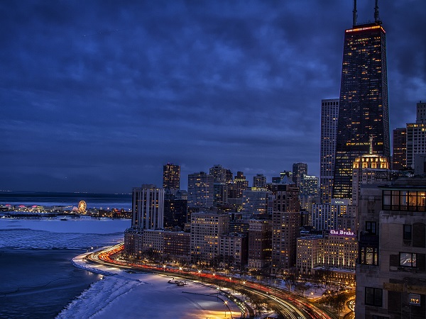 The Chicago skyline on a winter evening