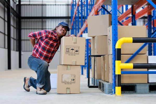 A man kneels down in a warehouse to pick up boxes grabs his back and winces in pain