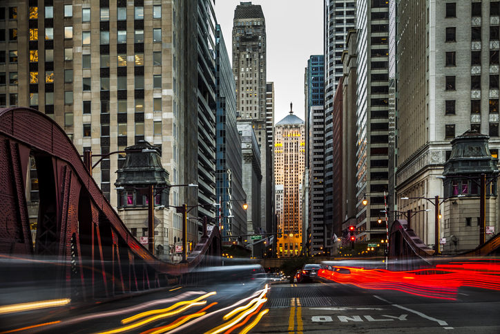 An up-close view from the roadway of downtown Chicago 